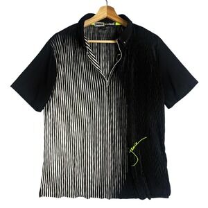 Jamie Sadock Women's Black White Stripe Pleated Zip Neck Short Sleeve Top L